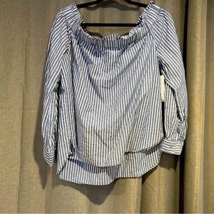 Off the shoulder blue and white top